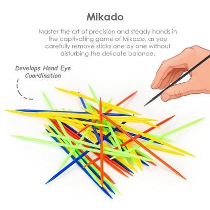 Colorful wooden sticks from Mikado game in 11 in 1 board games set showing hand picking a stick to develop hand eye coordination
