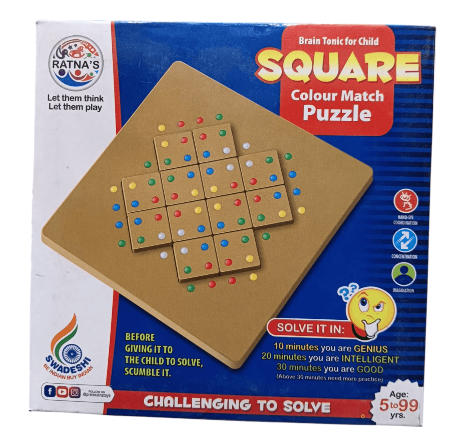 Square color match puzzle for kids by T-Rex the toyland Sitamarhi with colorful dots on wooden board