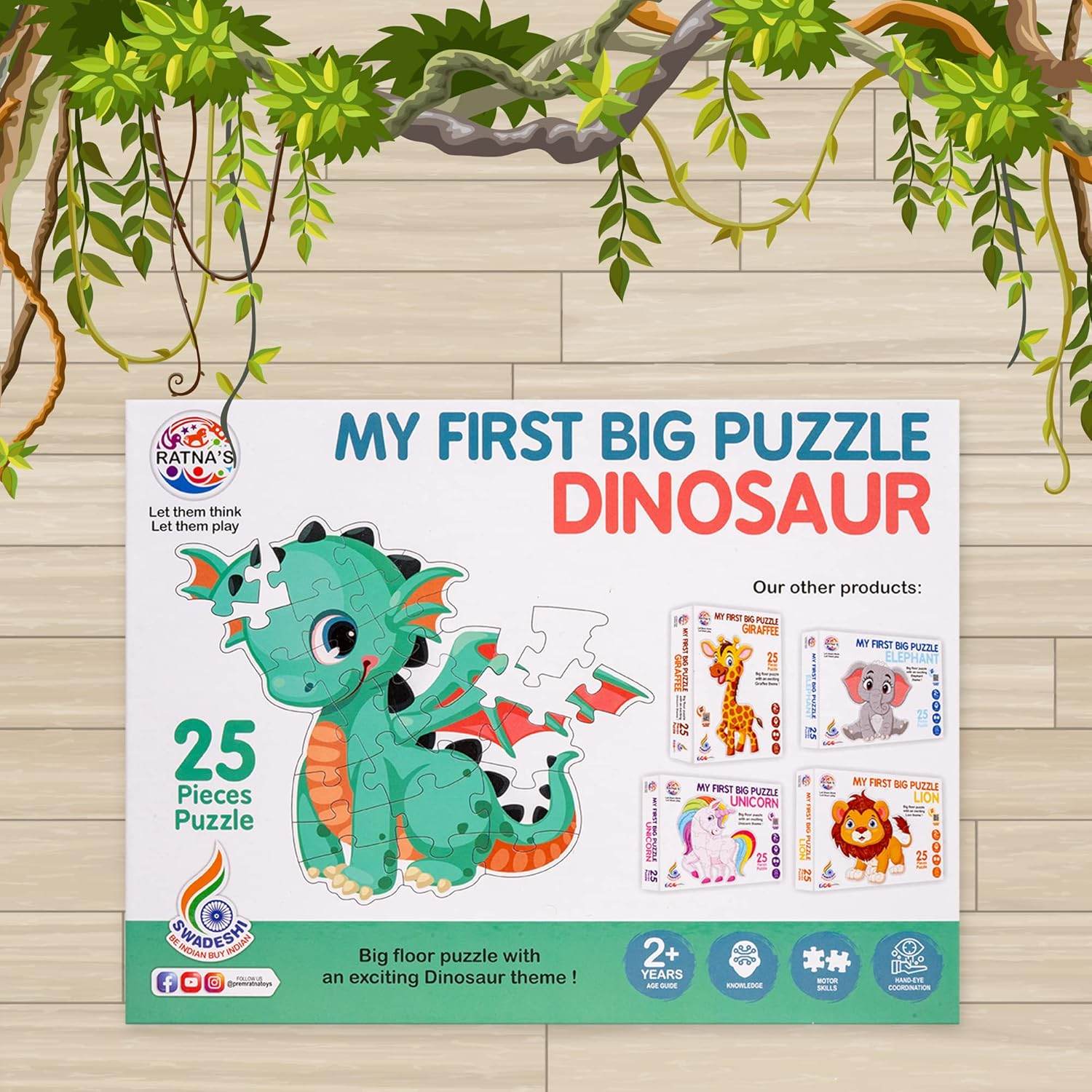 Dinosaur jigsaw puzzle for kids with 25 pieces featuring a cute green dinosaur on the box from T-Rex the toyland Sitamarhi
