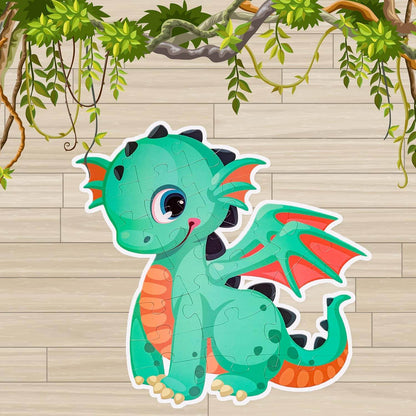 Colorful dinosaur jigsaw puzzle for kids featuring a cute green dragon with orange wings and tail