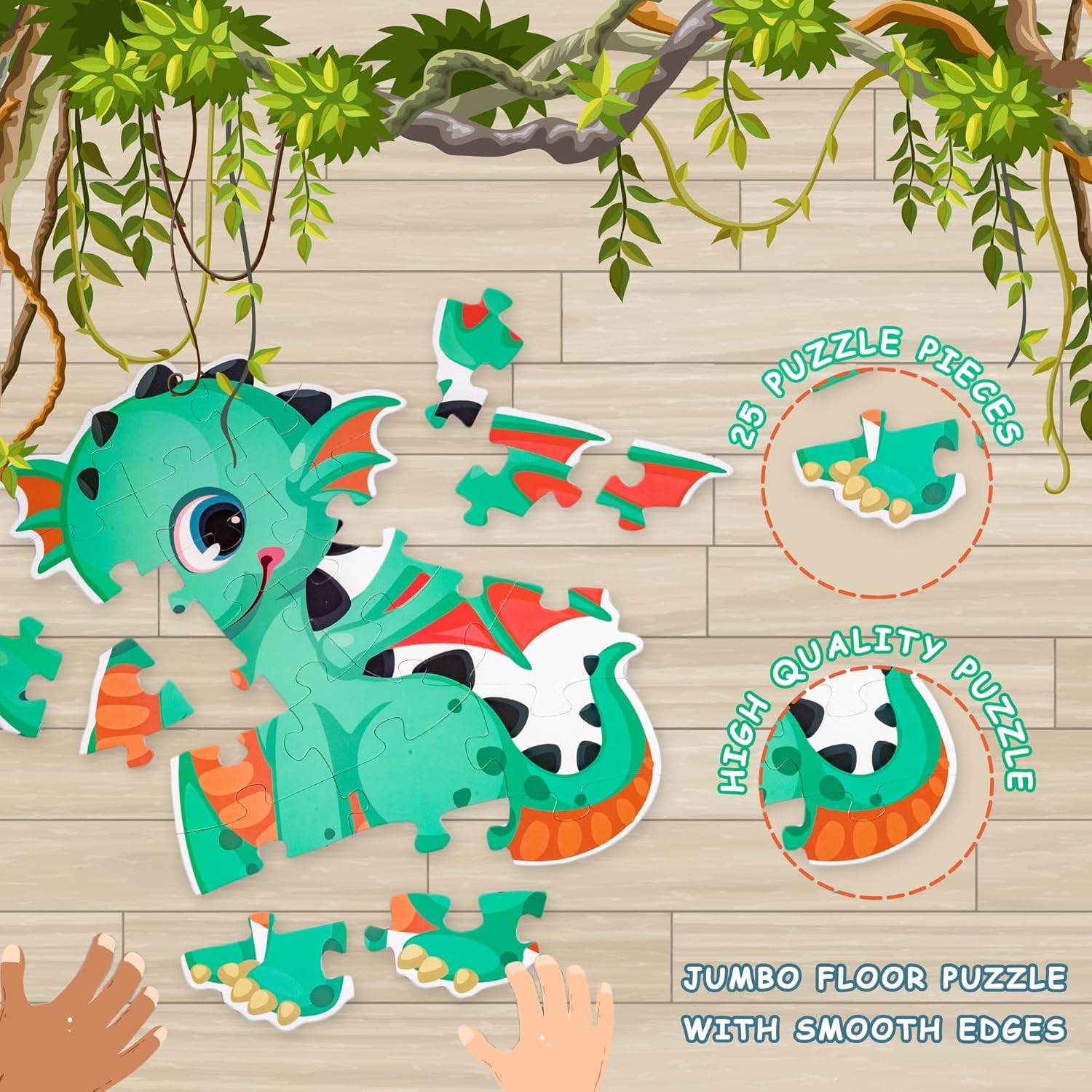Colorful dinosaur jigsaw puzzle for kids with 25 pieces and smooth edges on wooden floor