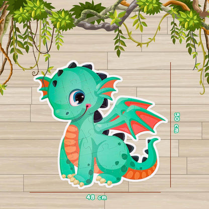 Cute green dinosaur jigsaw puzzle for kids measuring 48 by 50 centimeters with cartoon design