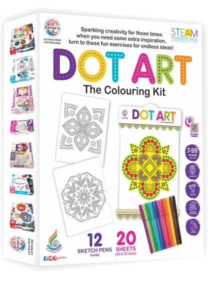 Ratna's Dot Art The Colouring Kit | with 12 Sketch Pens & 20 Sheet Inside | for Unisex Kids's Art Book. - T-Rex the toyland Sitamarhi