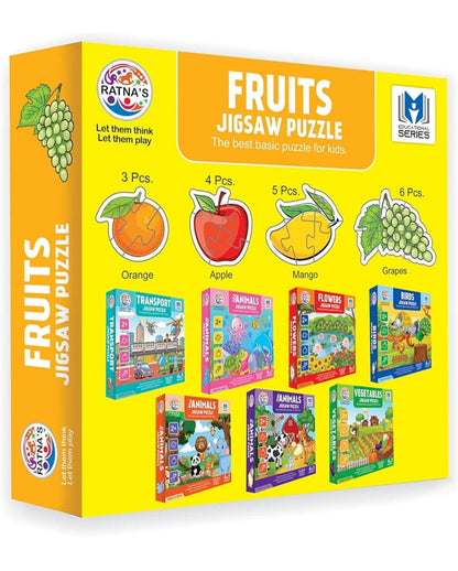 Educational fruit puzzle for toddlers with colorful orange apple mango and grapes jigsaw pieces