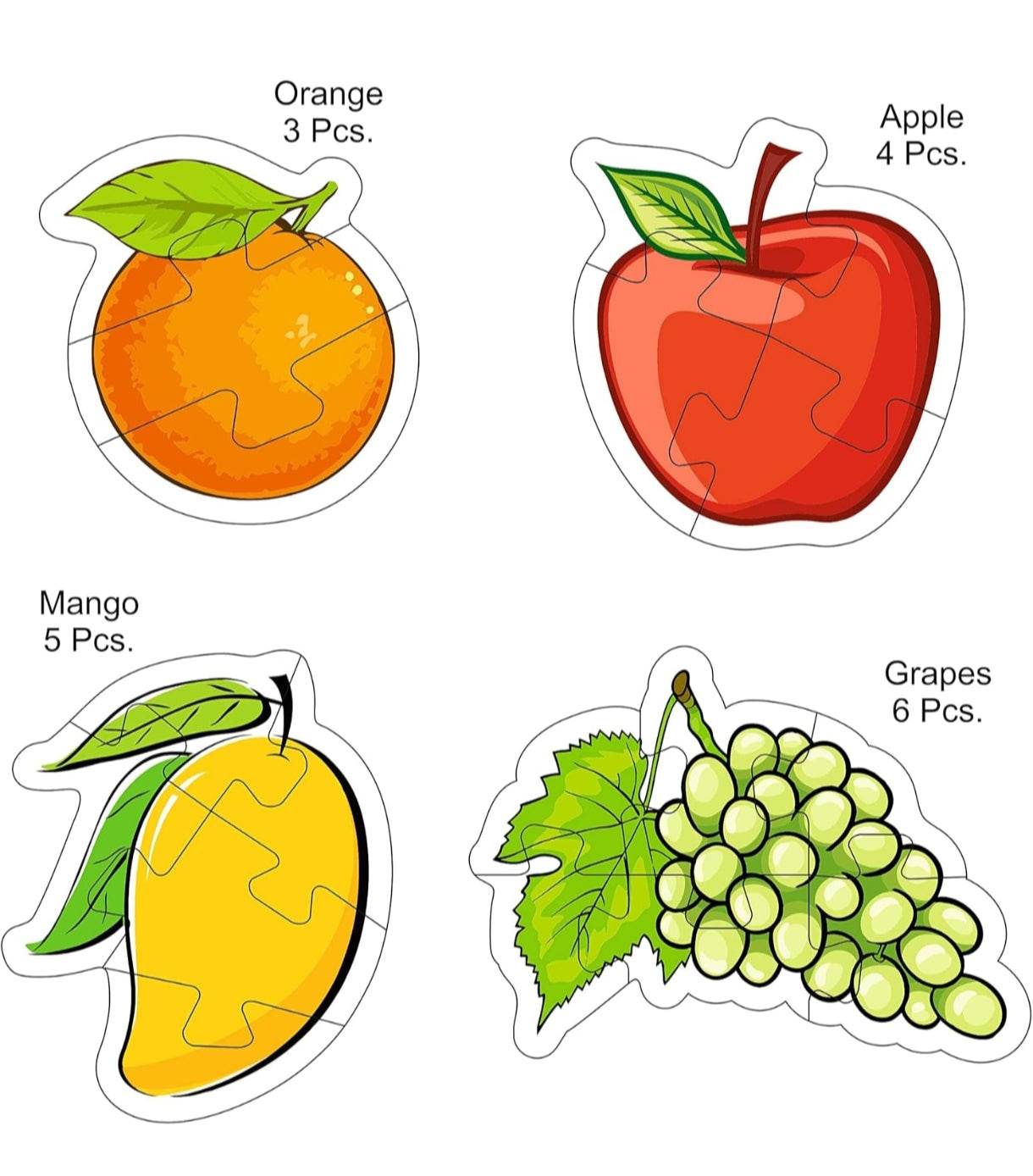 Educational fruit puzzle for toddlers featuring colorful orange apple mango and grapes pieces