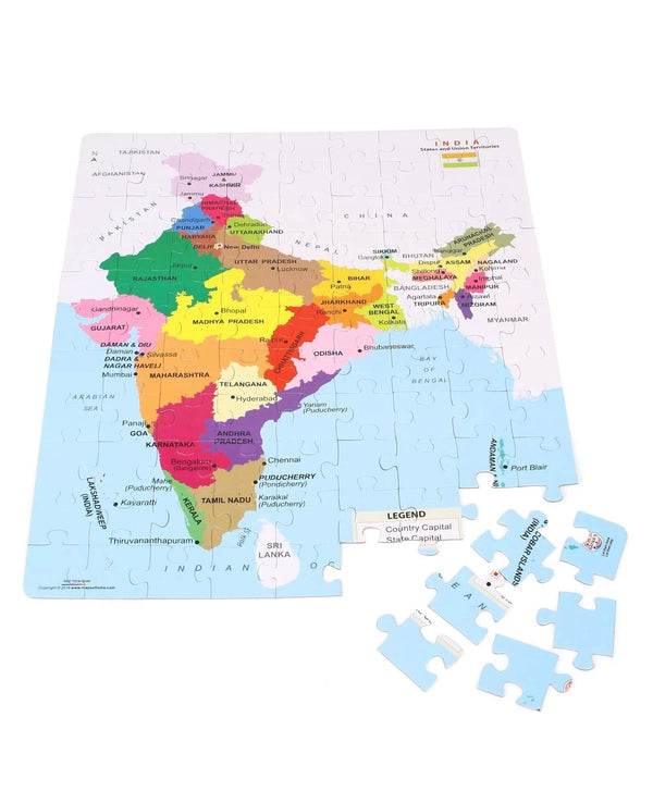 Educational India puzzle game 99 pieces showing colorful map of Indian states for learning geography