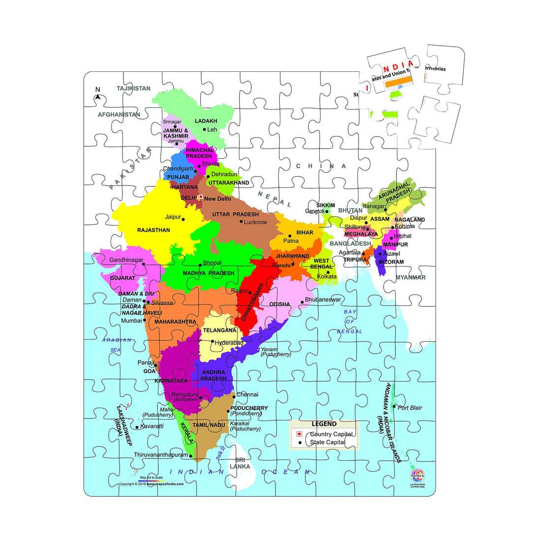 Educational India puzzle game 99 pieces featuring colorful states and capitals map
