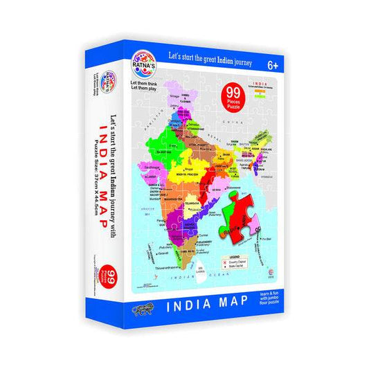 Educational India puzzle game 99 pieces featuring a colorful map of India for kids age 6 and up