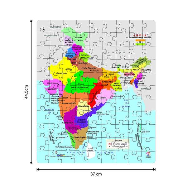 Educational India puzzle game 99 pieces showing colorful states and territories map by T-Rex the toyland Sitamarhi
