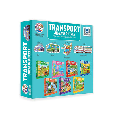 Educational transport puzzle for kids with car bus helicopter and metro train pieces in colorful box