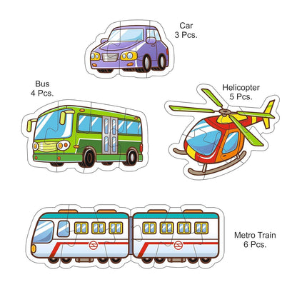 Educational transport puzzle for kids featuring car, bus, helicopter, and metro train pieces