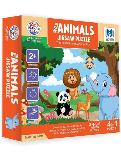 Educational wild animal puzzle for babies featuring colorful jungle animals in a 4-in-1 jigsaw set