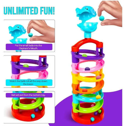 Colorful elephant marble run toy for babies with balls rolling down the spiral tower