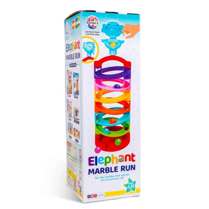 Elephant marble run toy for babies with colorful spiral tracks and playful elephant top