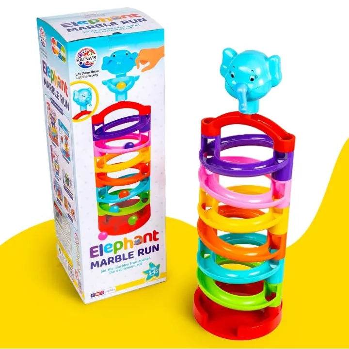 Colorful elephant marble run toy for babies by Prem Ratan with stacked rings and blue elephant top