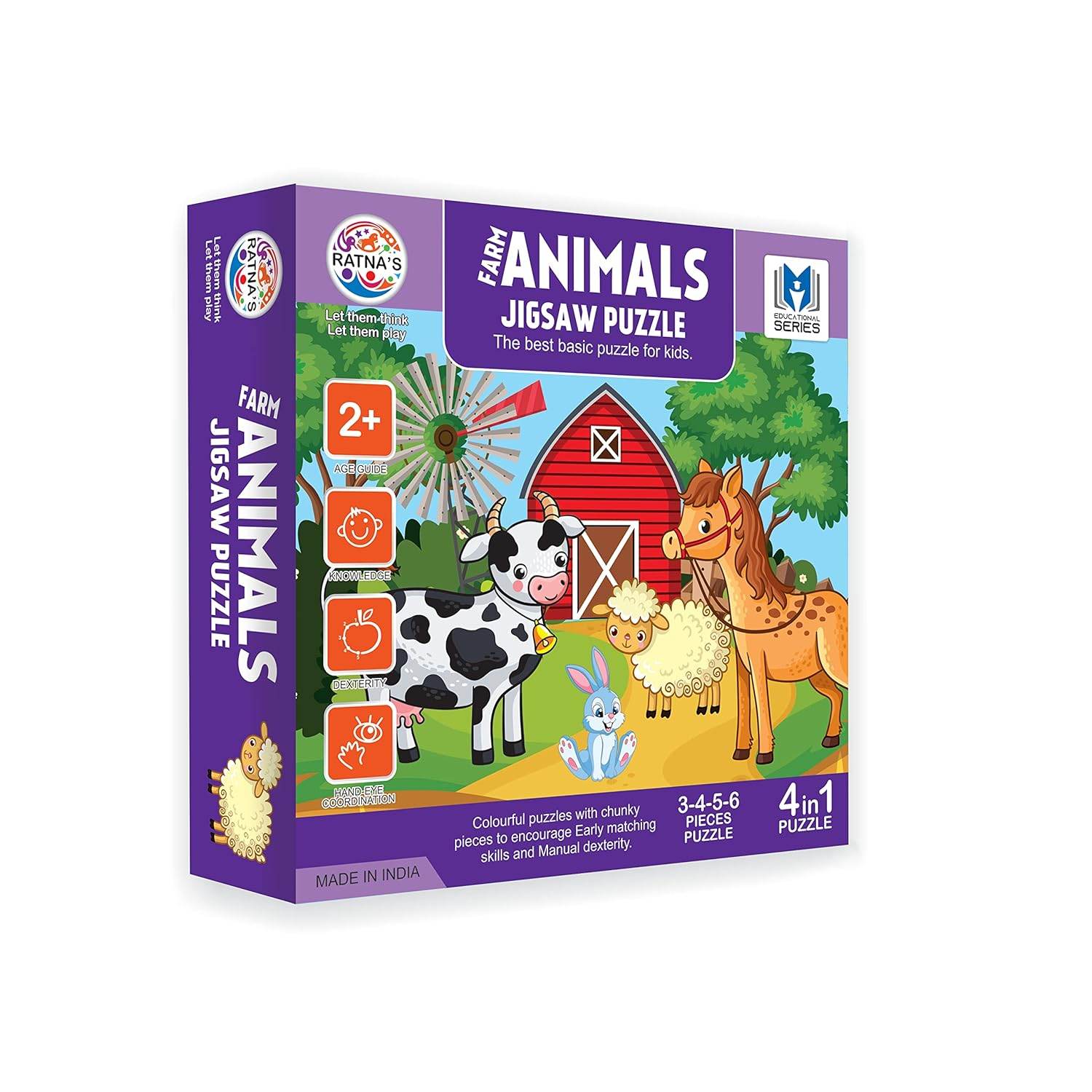 Farm animal puzzle for toddlers with colorful jigsaw pieces featuring cow horse sheep and barn