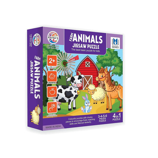 Farm animal puzzle for toddlers with colorful jigsaw pieces featuring cow horse sheep and barn