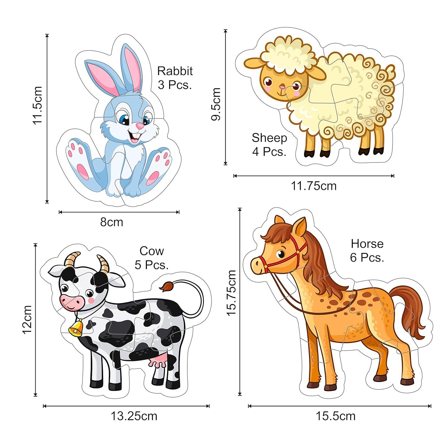 Farm animal puzzle for toddlers featuring colorful cartoon rabbit, sheep, cow, and horse pieces with measurements