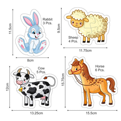 Farm animal puzzle for toddlers featuring colorful cartoon rabbit, sheep, cow, and horse pieces with measurements
