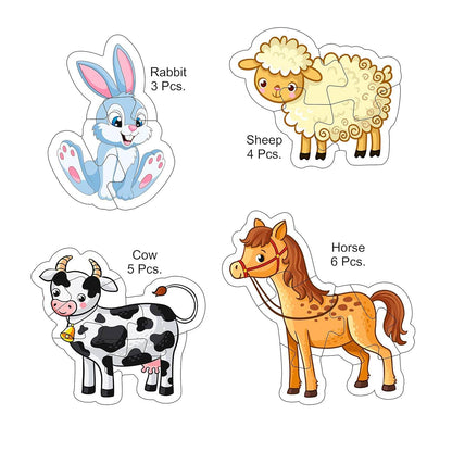 Colorful farm animal puzzle for toddlers with four animals including rabbit, sheep, cow, and horse pieces