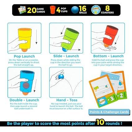 Ratna's Jump Ball Game Set, Pop It, Catch It & Launch It, Indoor & Outdoor Activity Game with 20 Cards, 16 Balls, 4 Cups, 8 Coasters, Ages 5+ Years - T-Rex the toyland Sitamarhi