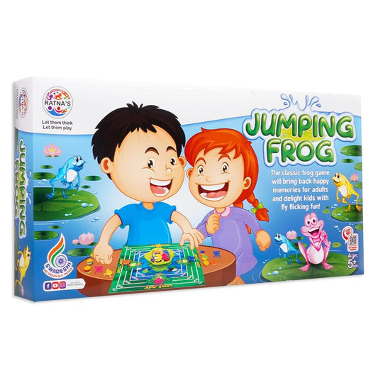 Jumping frog board game packaging with cartoon kids playing on a lily pad themed game board