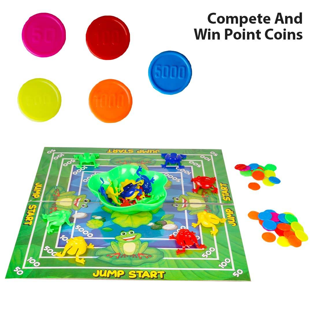 Jumping Frog board game for kids with colorful frog pieces, point coins, and a green game board