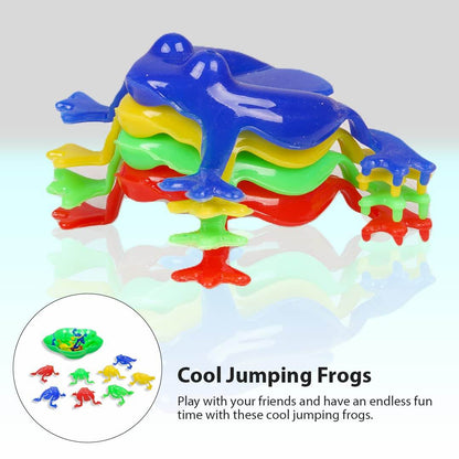 Colorful plastic frogs stacked in blue, yellow, green, and red for Jumping Frog board game for kids