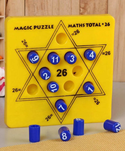 Yellow kids math puzzle toy with blue numbered pegs and magic puzzle star design