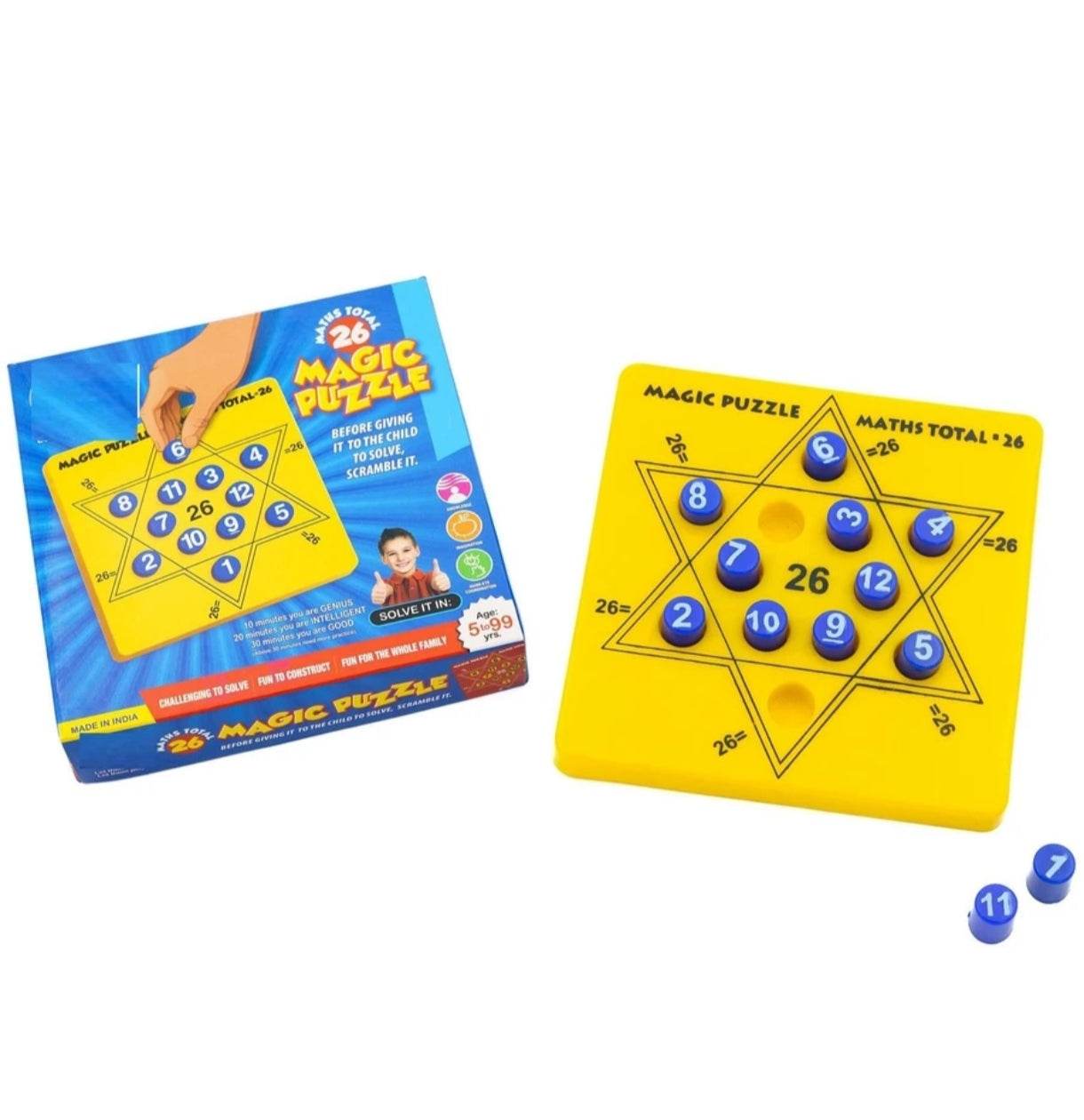 Kids math puzzle toy with blue numbered pegs and yellow star-shaped board for educational play