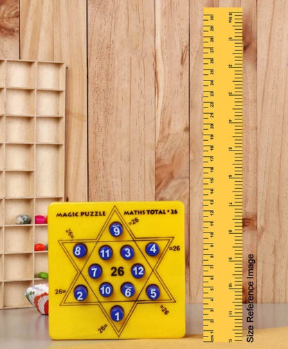Yellow kids math puzzle toy with numbered star shape and total 26 displayed beside yellow ruler