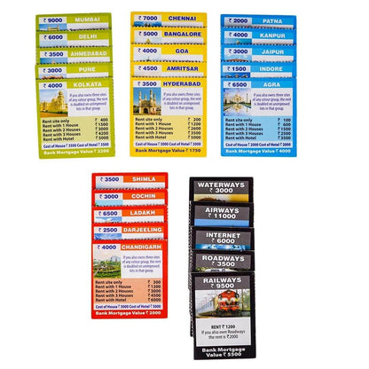 Prem Ratna little business board game for kids showing colorful property and utility cards with rent and mortgage values