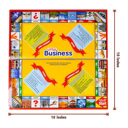 Little business board game for kids with colorful property and chance cards on a 10 inch square board