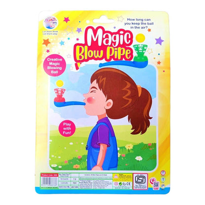 T Rex The Toyland packaging showing a girl blowing a ball with a blue tube magic blow pipe toy for kids