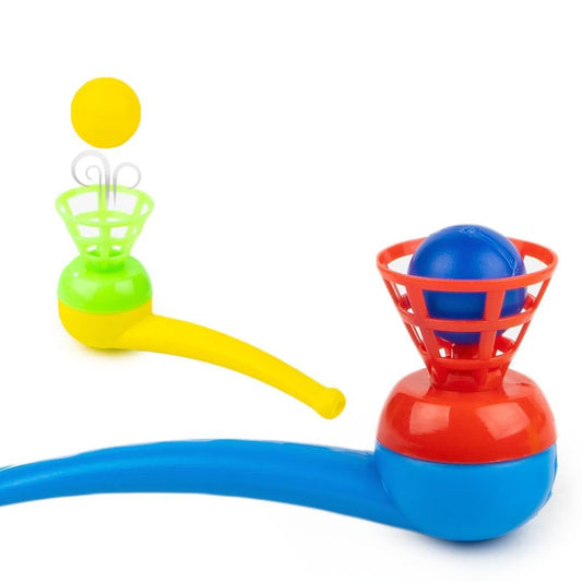 Colorful plastic magic blow pipe toy for kids with blue and yellow launchers and lightweight bouncing balls