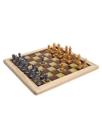 Prem Ratna magnetic wooden chess and ludo set showing wooden chessboard with magnetic chess pieces arranged for play