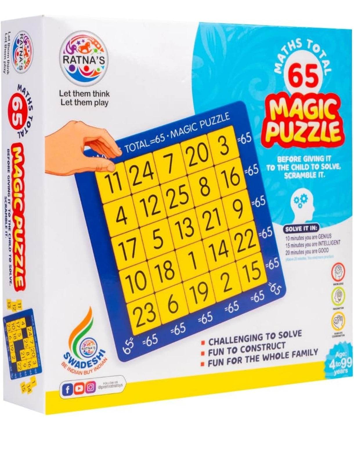 Prem Ratna math puzzle board game for kids with 65 magic puzzle pieces and bright yellow number grid