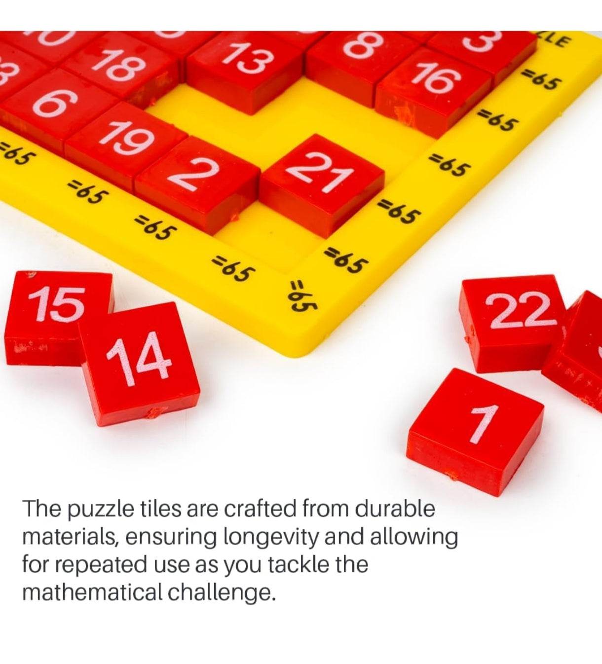 Prem Ratna math puzzle board game for kids featuring red number tiles and a yellow base for hands-on learning