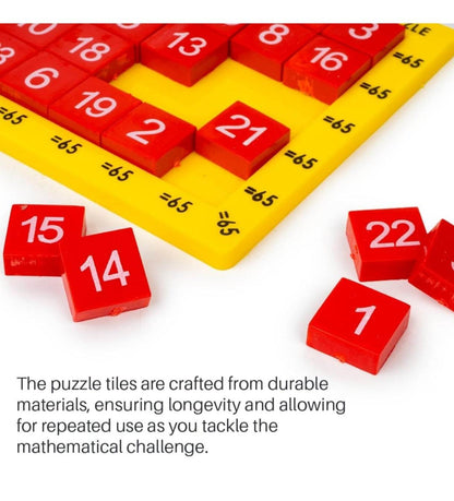 Prem Ratna math puzzle board game for kids featuring red number tiles and a yellow base for hands-on learning