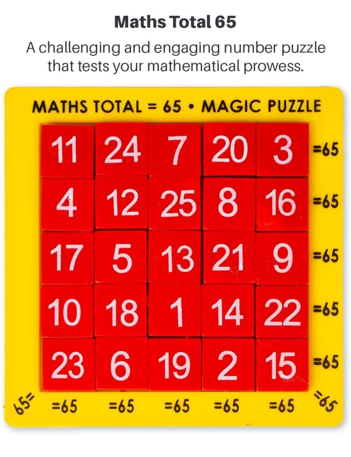 Math puzzle board game for kids with red numbered tiles on a yellow board challenging math skills