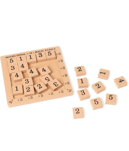 Wooden maths magic puzzle for kids with numbered tiles and a board for educational math play