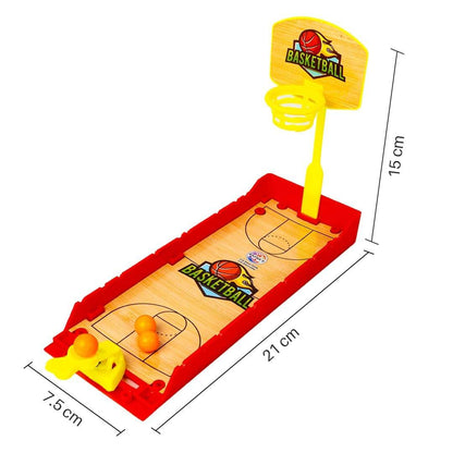 Prem Ratan mini basketball finger board game with yellow hoop and two orange balls on a wooden court