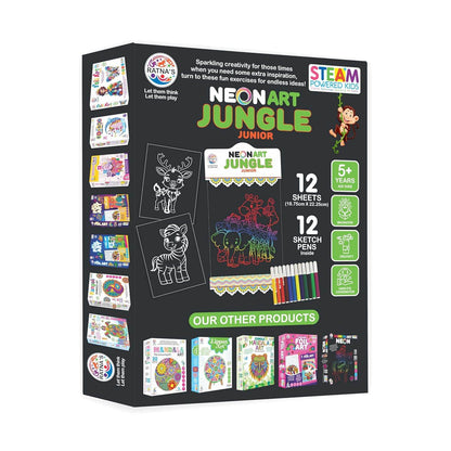Prem Ratna neon art coloring kit for kids with 12 jungle-themed sheets and 12 neon sketch pens