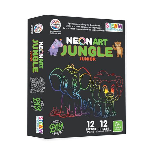 Prem Ratna neon art coloring kit for kids jungle theme with 12 sketch pens and 12 sheets for ages 5 and up