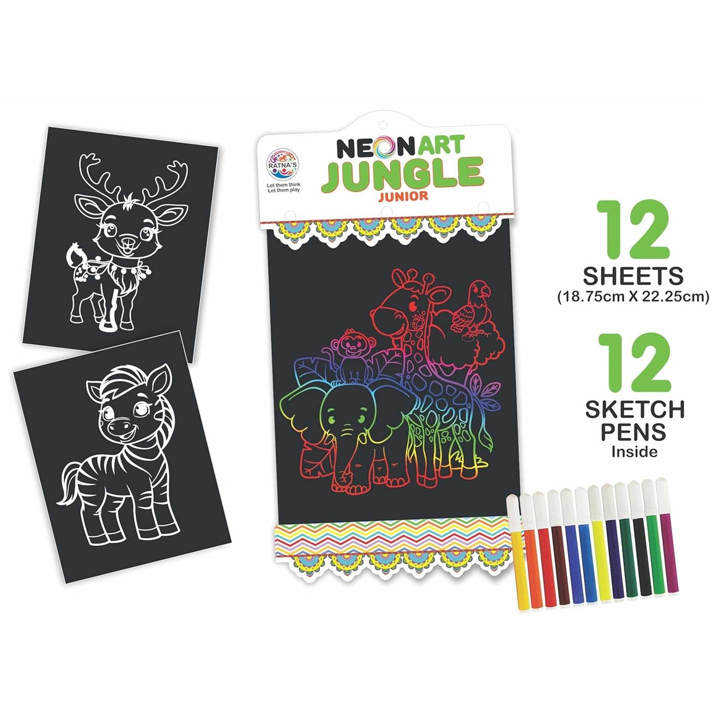 Prem Ratna neon art coloring kit for kids with 12 jungle animal sheets and 12 colorful sketch pens
