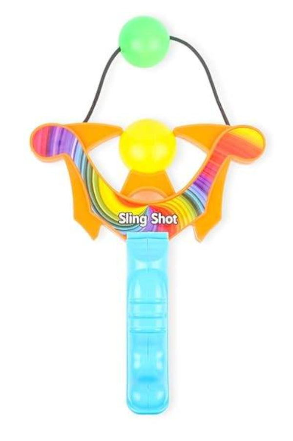 Colorful plastic ball slingshot game toy with blue handle rainbow arms elastic band and two yellow and green balls