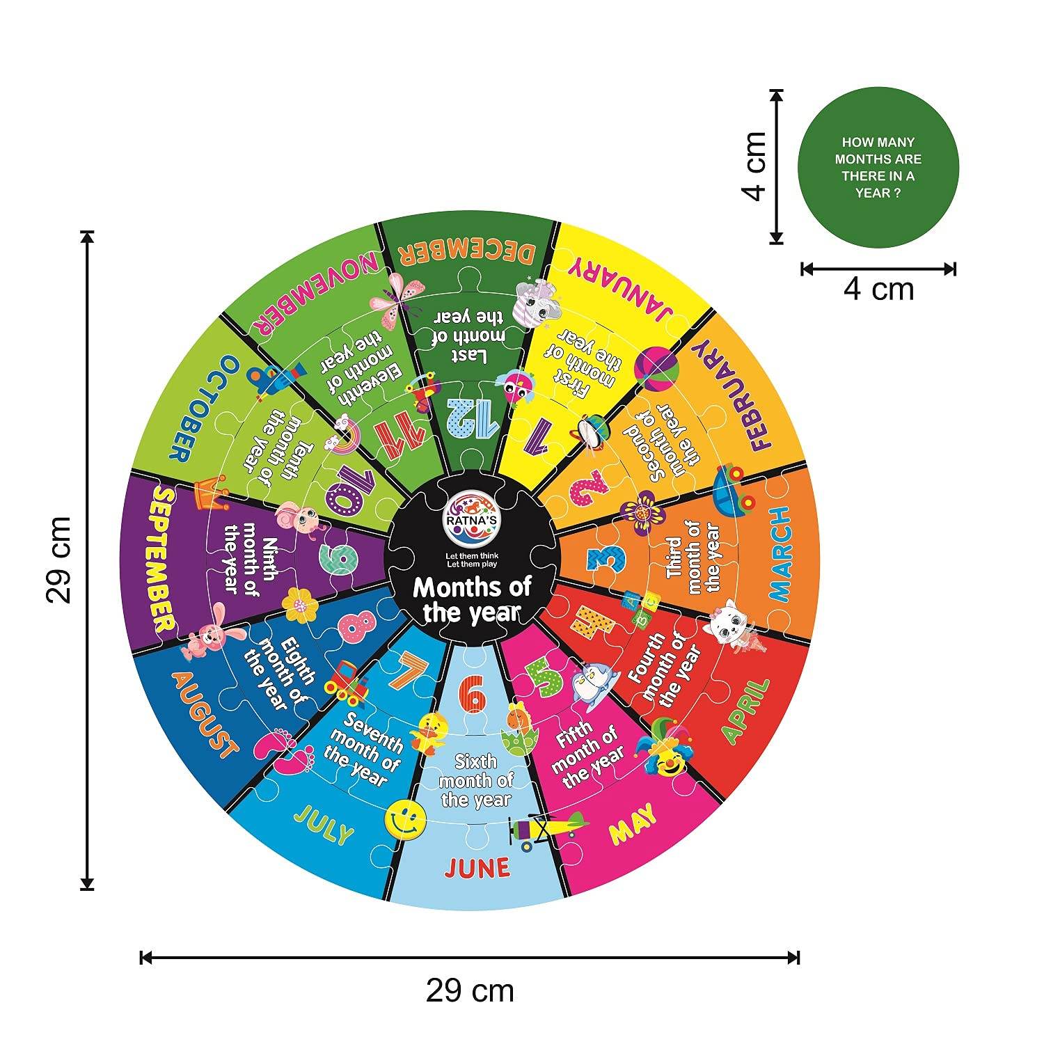 Colorful circular preschool educational puzzle for kids showing months of the year with fun illustrations
