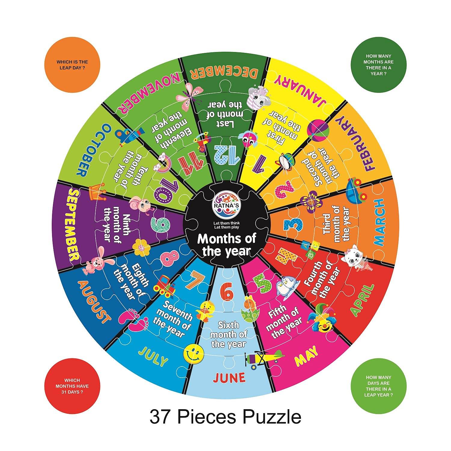 Colorful 37 pieces preschool educational puzzle for kids showing months of the year with fun illustrations