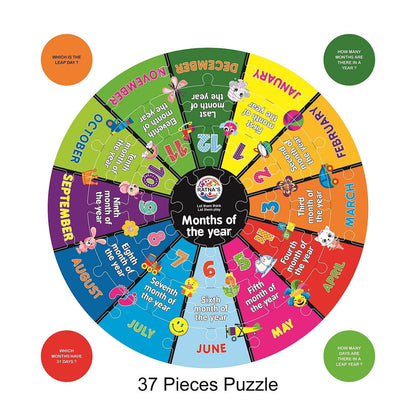 Colorful 37 pieces preschool educational puzzle for kids showing months of the year with fun illustrations