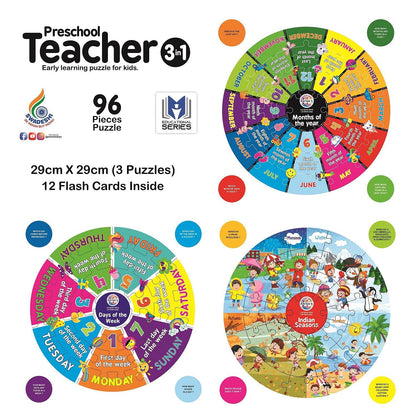 T-Rex the toyland preschool educational puzzle for kids featuring months, days, and Indian seasons in colorful circular designs